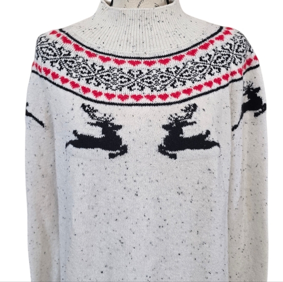 Loft Fair Isle Reindeer Winter White Mock Neck Long Sleeve Knit Sweater L - Picture 5 of 8